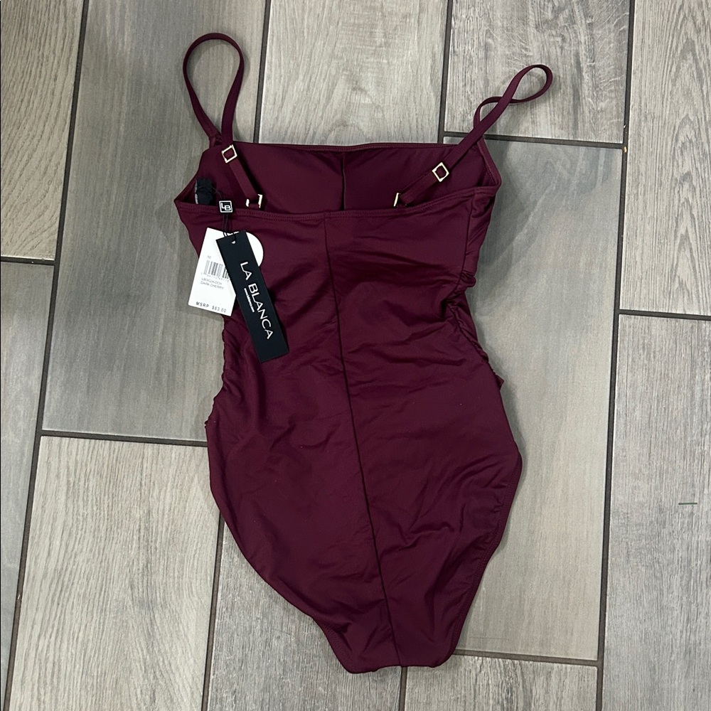 La Blanca Women's One Piece Swimsuit Island Goddess Shirred Side Dark Cherry - Picture 4 of 5